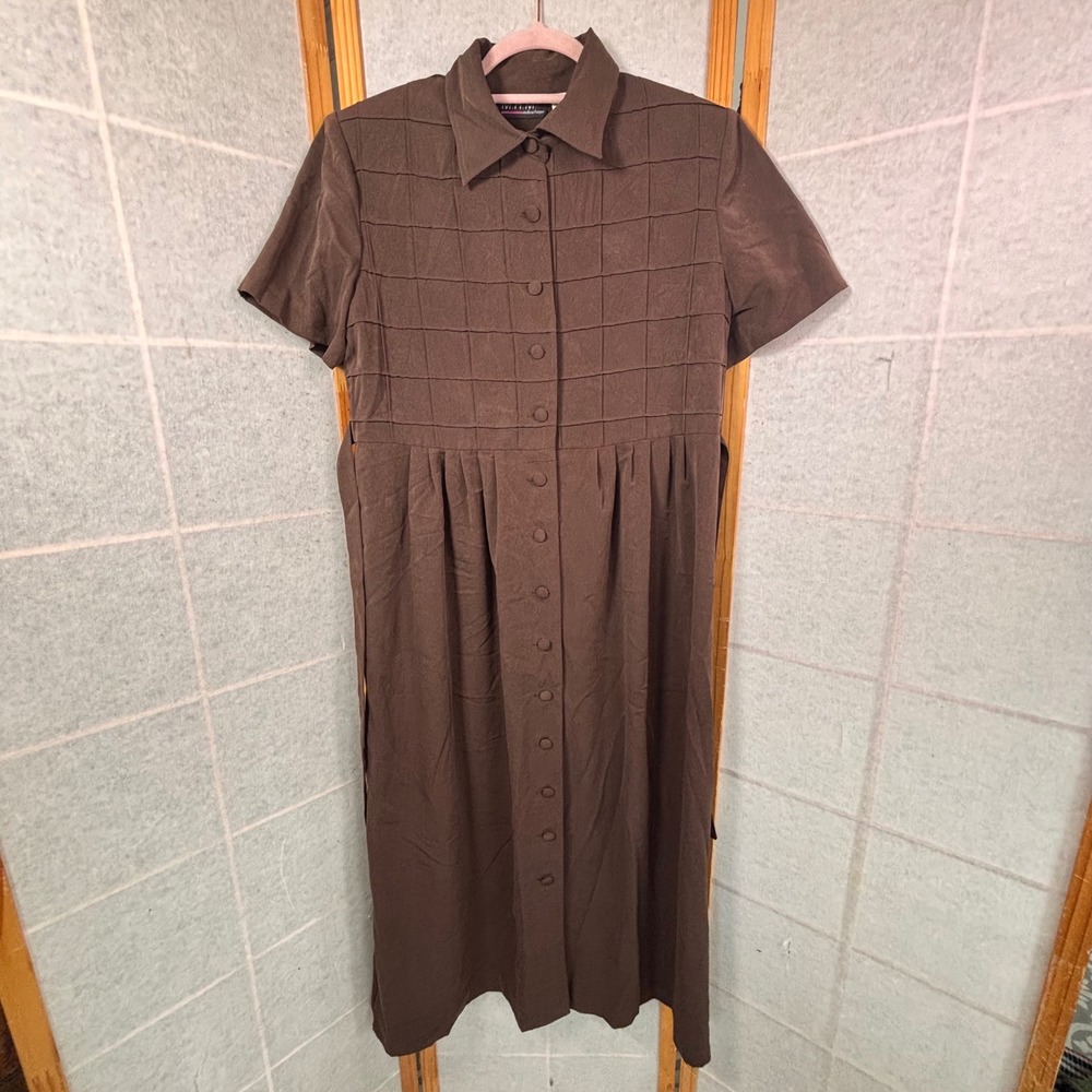 M.H.M. Melissa Harper Button Front Dress 10 Brown Grid Textured Short Sleeve Tie